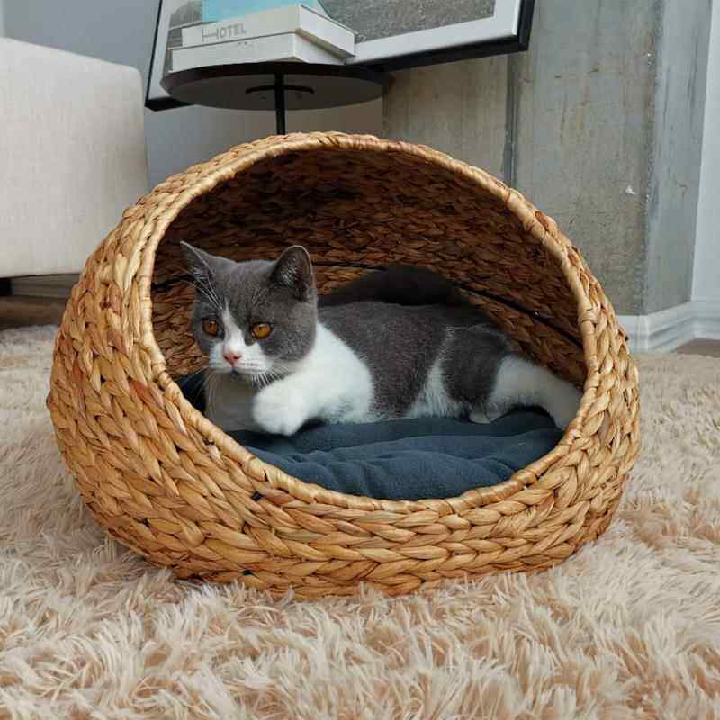 Hand-Woven Rattan Pet Cage with Removable Pad