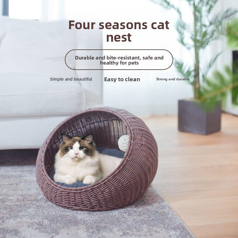 Hand-Woven Rattan Pet Cage with Removable Pad