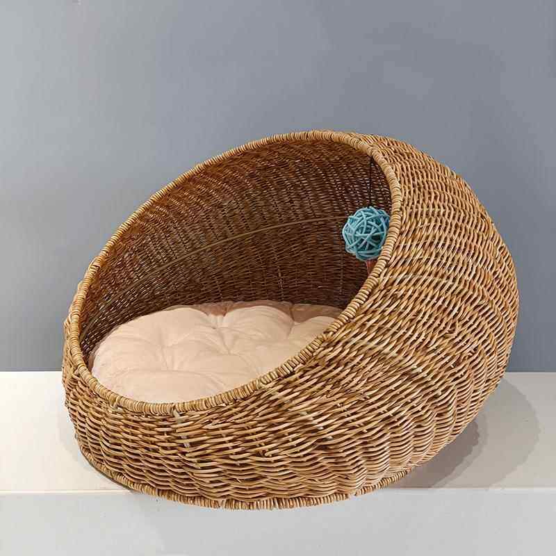 Hand-Woven Rattan Pet Cage with Removable Pad